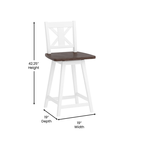 White Wash |#| Commercial 360° Swivel Wood Bar Height Stool in Antique White Wash/Gray Seat