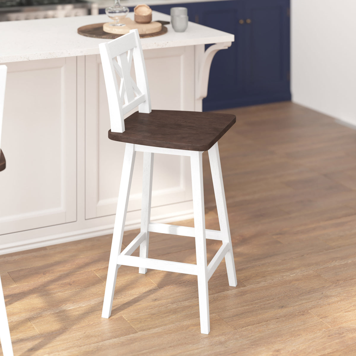White Wash |#| Commercial 360° Swivel Wood Bar Height Stool in Antique White Wash/Gray Seat