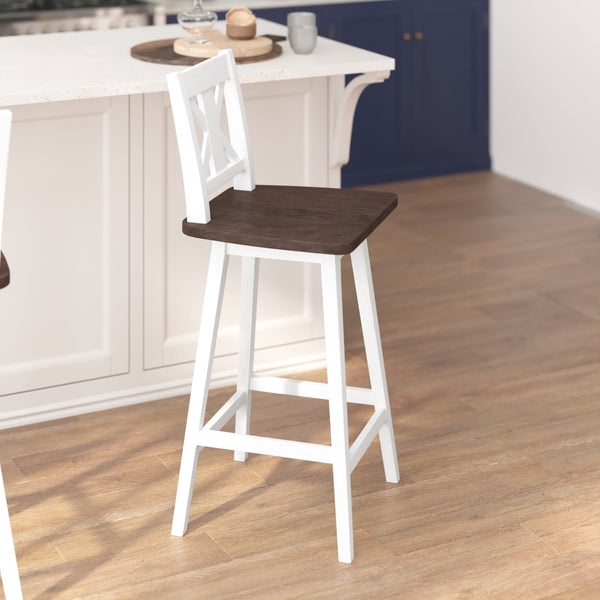 White Wash |#| Commercial 360° Swivel Wood Bar Height Stool in Antique White Wash/Gray Seat