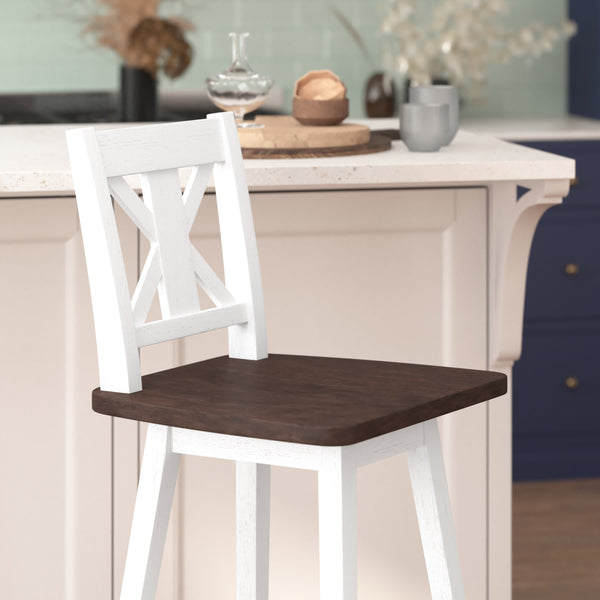 White Wash |#| Commercial 360° Swivel Wood Bar Height Stool in Antique White Wash/Gray Seat
