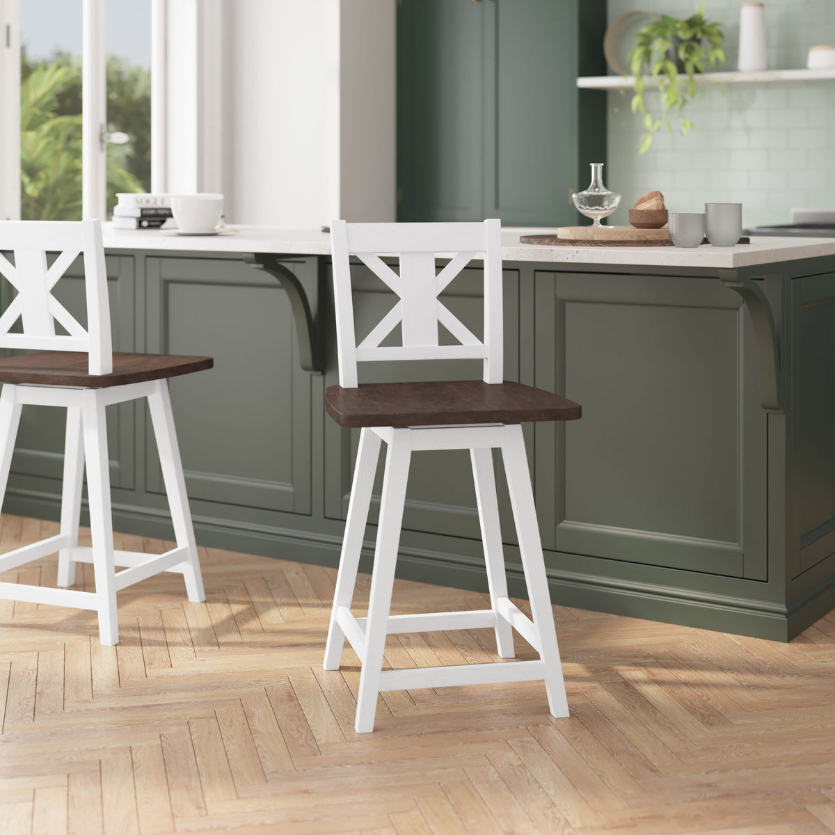 White Wash |#| Commercial 360° Swivel Wood Counter Height Stool in Antique White Wash/Gray Seat