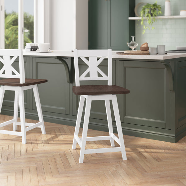 White Wash |#| Commercial 360° Swivel Wood Counter Height Stool in Antique White Wash/Gray Seat