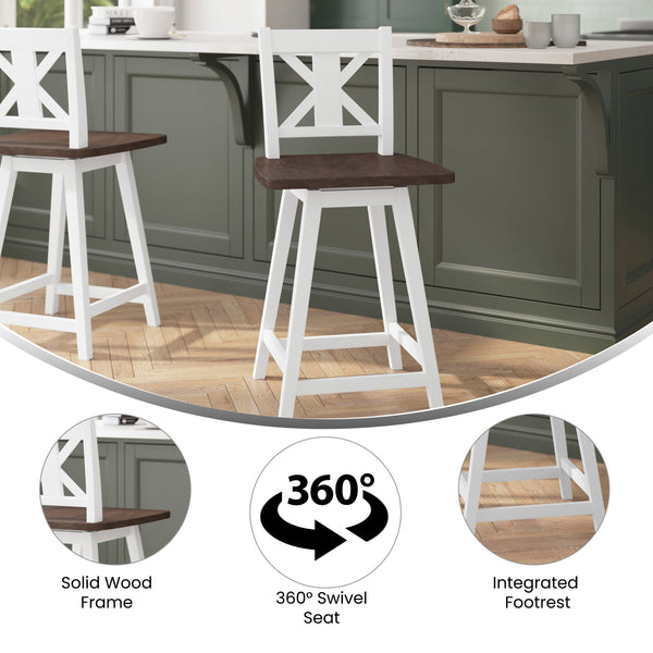 White Wash |#| Commercial 360° Swivel Wood Counter Height Stool in Antique White Wash/Gray Seat