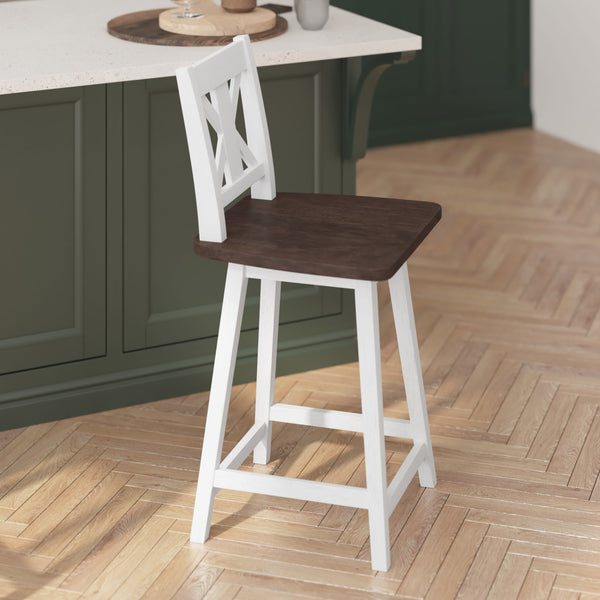 White Wash |#| Commercial 360° Swivel Wood Counter Height Stool in Antique White Wash/Gray Seat