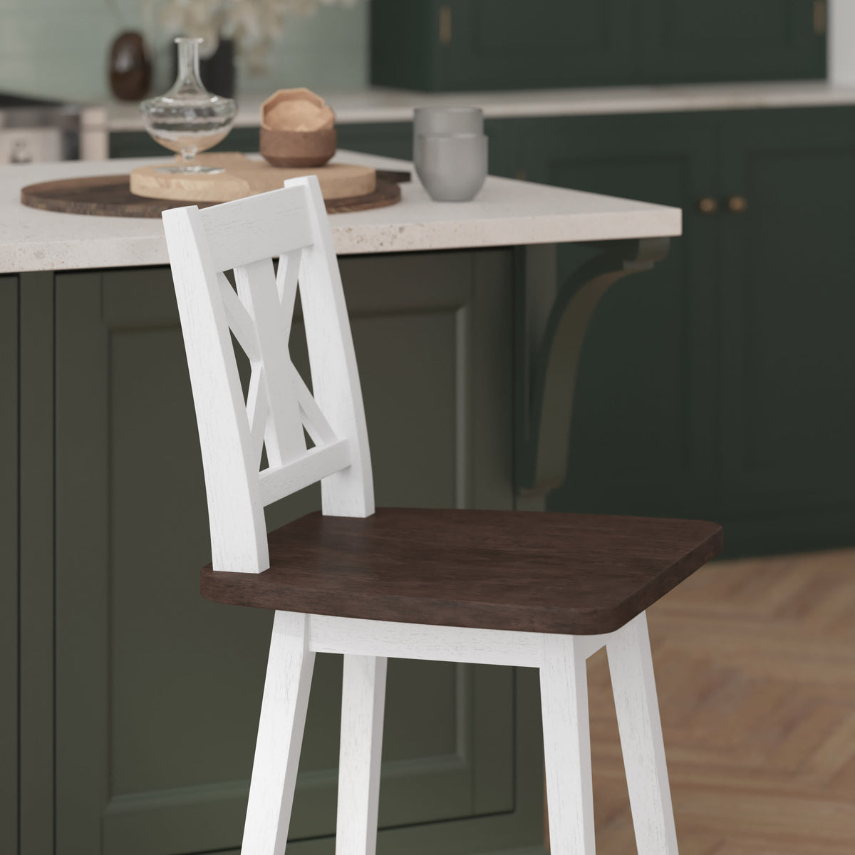White Wash |#| Commercial 360° Swivel Wood Counter Height Stool in Antique White Wash/Gray Seat