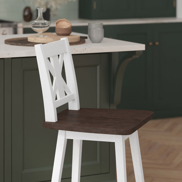White Wash |#| Commercial 360° Swivel Wood Counter Height Stool in Antique White Wash/Gray Seat