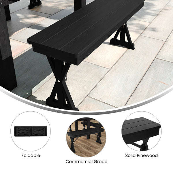 40" x 12" Antique Solid Pine Farmhouse Folding Bench in Black Wash
