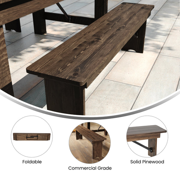 60" x 12" Antique Solid Pine Farmhouse Folding Bench in Antique Rustic