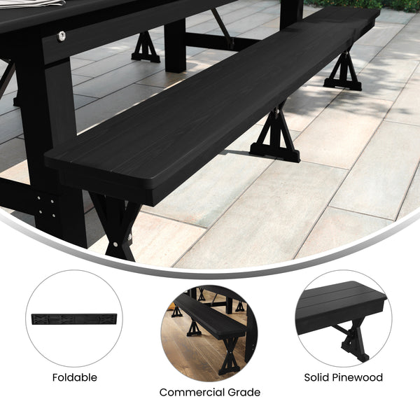 8' x 12" Antique Solid Pine Farmhouse Folding Bench in Black Wash