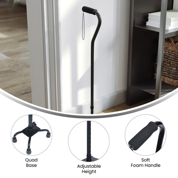 Adjustable Left or Right Handed Quad Cane w/ Padded Handle, Large Base in Black