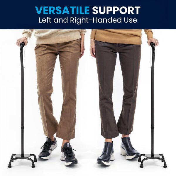Adjustable Left or Right Handed Quad Cane w/ Padded Handle, Large Base in Black