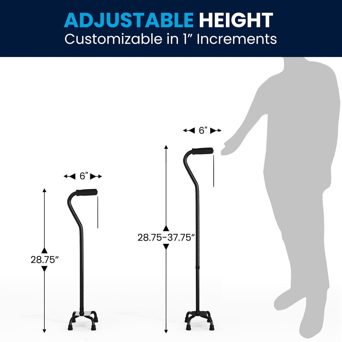 Adjustable Left or Right Handed Quad Cane w/ Padded Handle, Large Base in Black