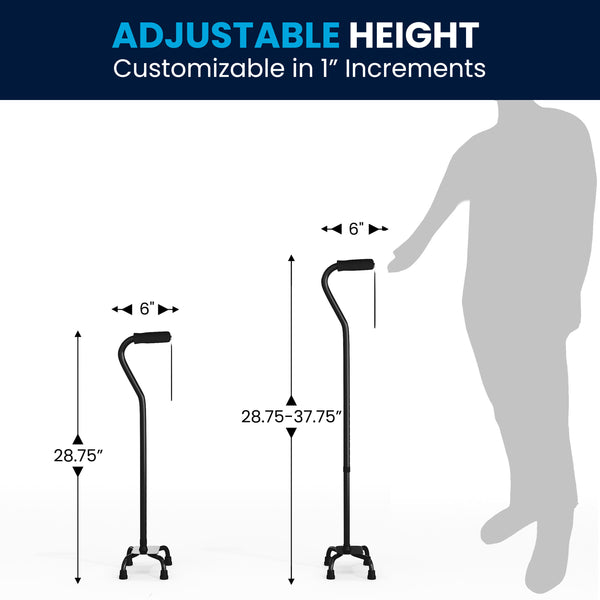 Adjustable Left or Right Handed Quad Cane w/ Padded Handle, Large Base in Black