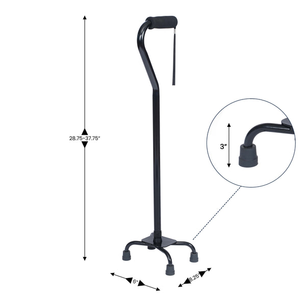 Adjustable Left or Right Handed Quad Cane w/ Padded Handle, Large Base in Black