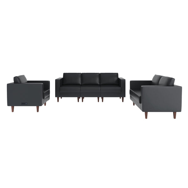Black |#| 3 PC Commercial Seating Set with Outlets/USB/USB-C Ports in Black LeatherSoft