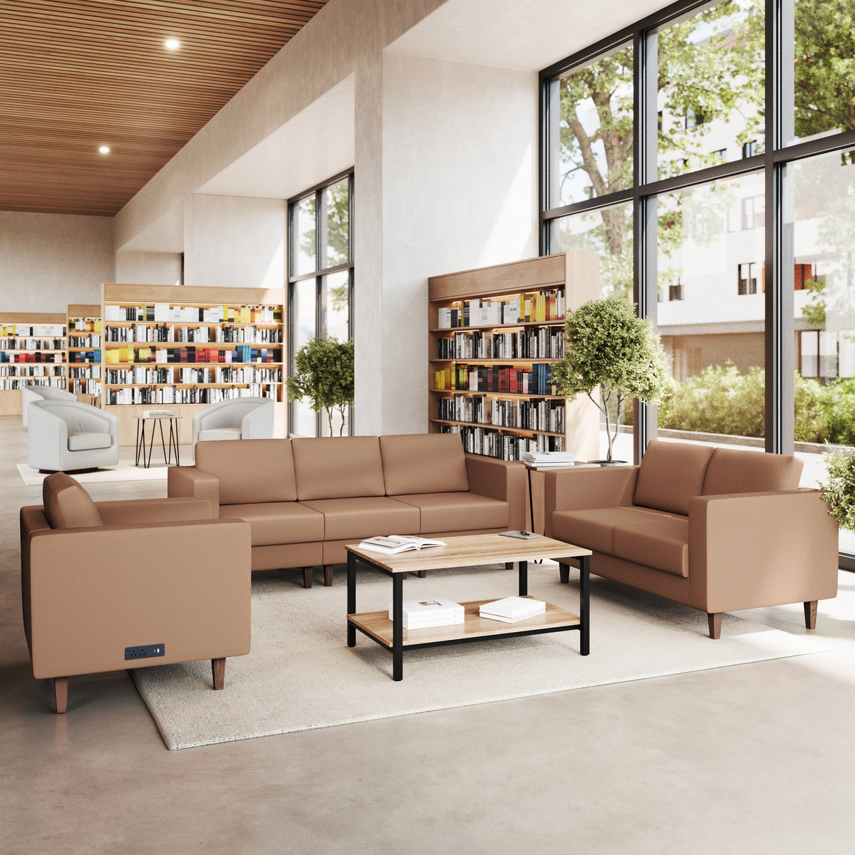 Cognac |#| 3 PC Commercial Seating Set with Outlets/USB/USB-C Ports in Cognac LeatherSoft