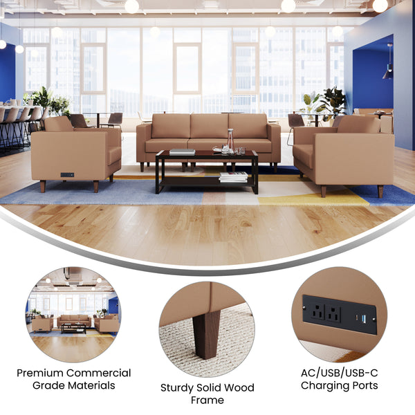 Cognac |#| 3 PC Commercial Seating Set with Outlets/USB/USB-C Ports in Cognac LeatherSoft
