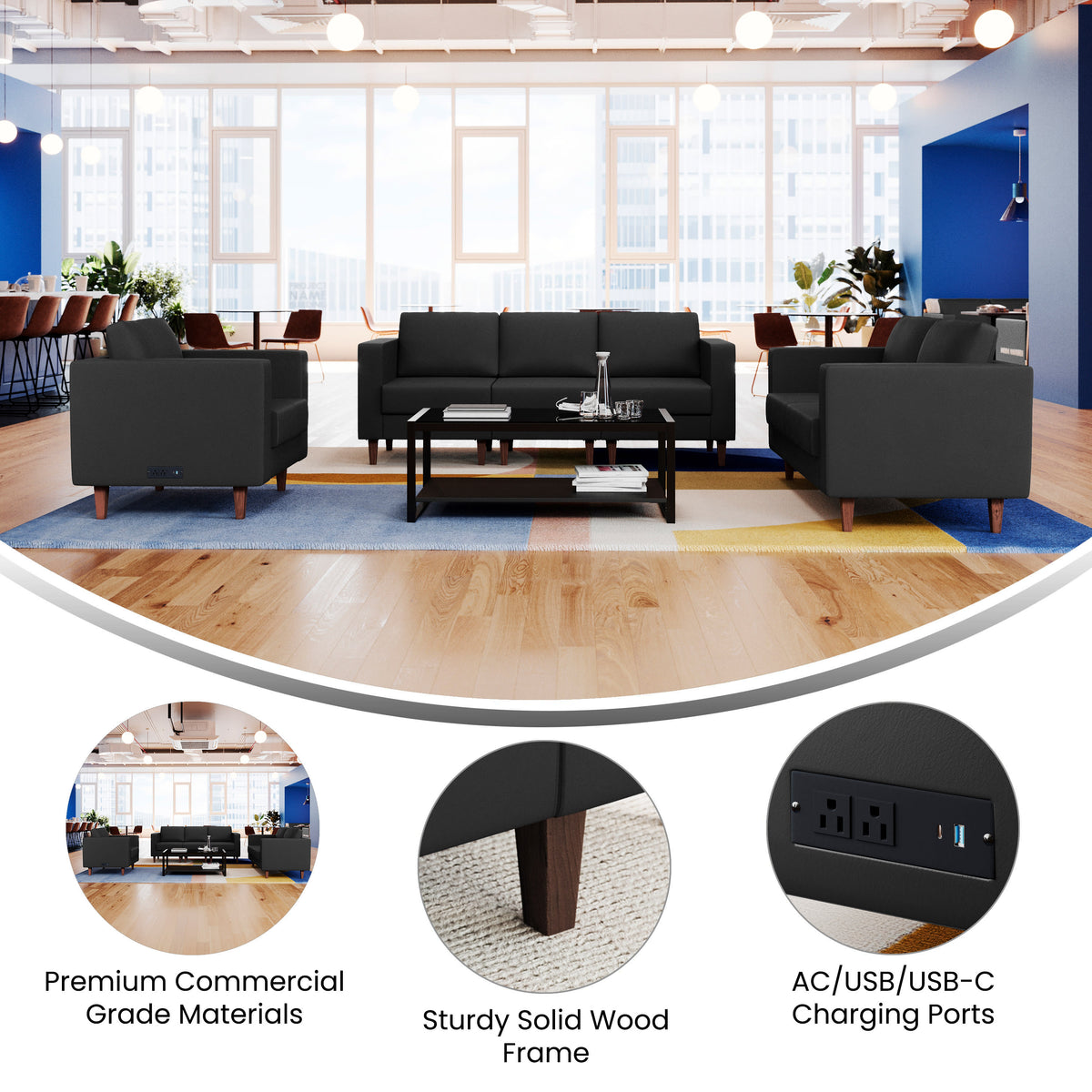 Black |#| 3 PC Commercial Seating Set with Outlets/USB/USB-C Ports in Black LeatherSoft