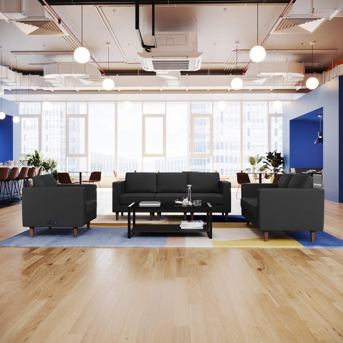 Black |#| 3 PC Commercial Seating Set with Outlets/USB/USB-C Ports in Black LeatherSoft