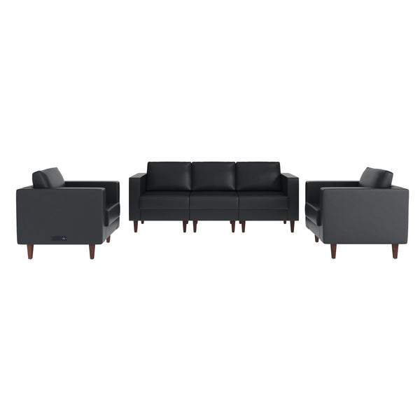 Black |#| 3 PC Commercial Seating Set with Outlets/USB/USB-C Ports in Black LeatherSoft
