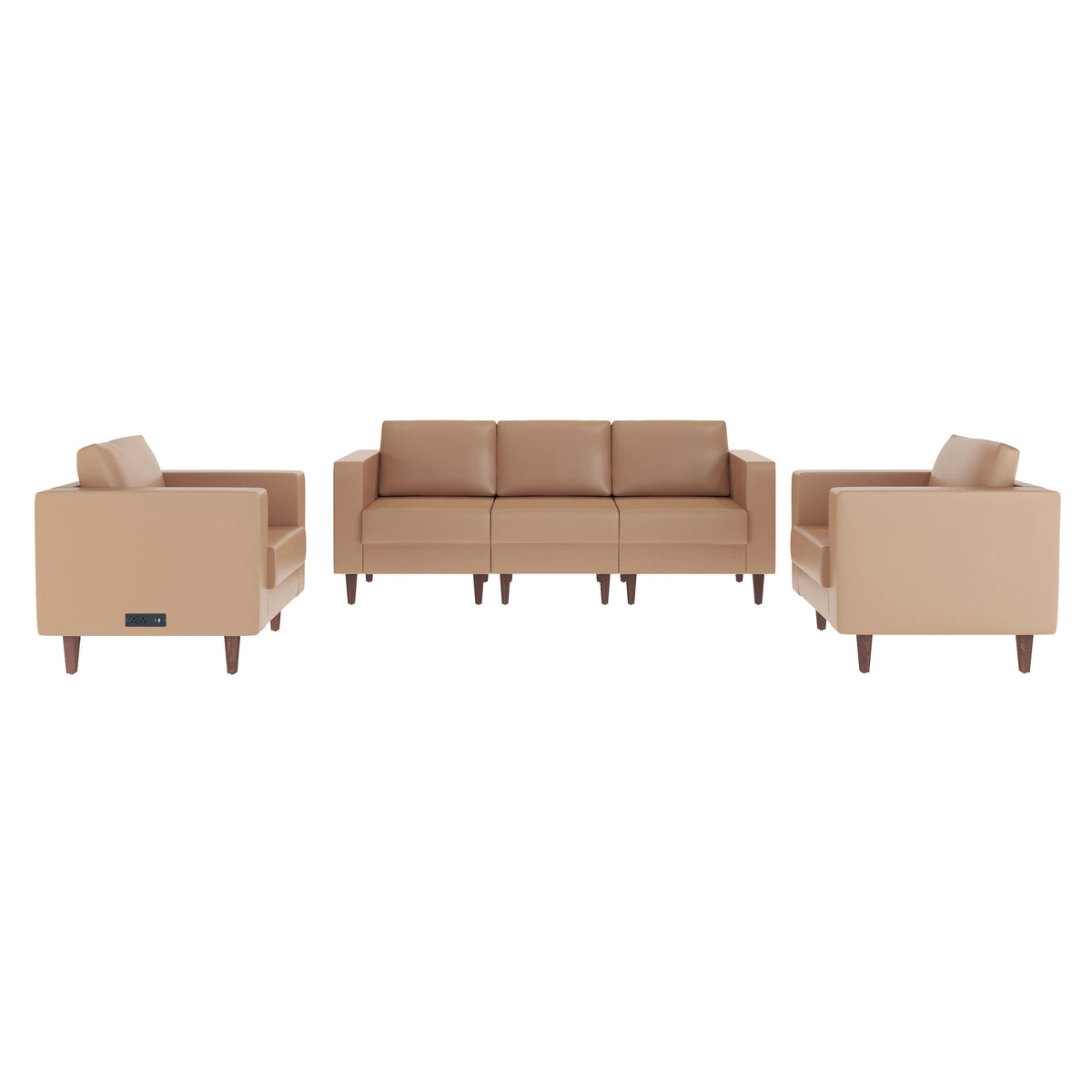 Cognac |#| 3 PC Commercial Seating Set with Outlets/USB/USB-C Ports in Cognac LeatherSoft