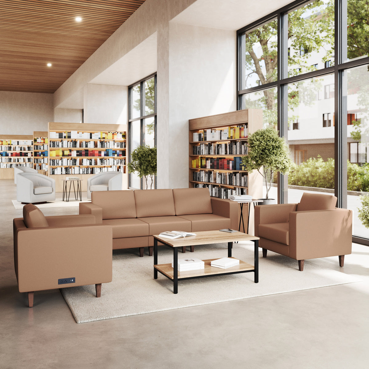 Cognac |#| 3 PC Commercial Seating Set with Outlets/USB/USB-C Ports in Cognac LeatherSoft