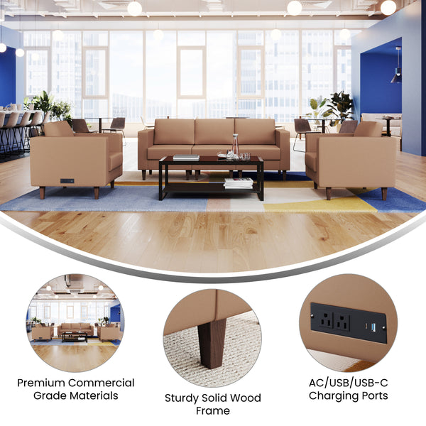 Cognac |#| 3 PC Commercial Seating Set with Outlets/USB/USB-C Ports in Cognac LeatherSoft