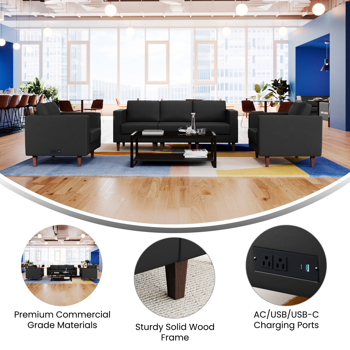 Black |#| 3 PC Commercial Seating Set with Outlets/USB/USB-C Ports in Black LeatherSoft