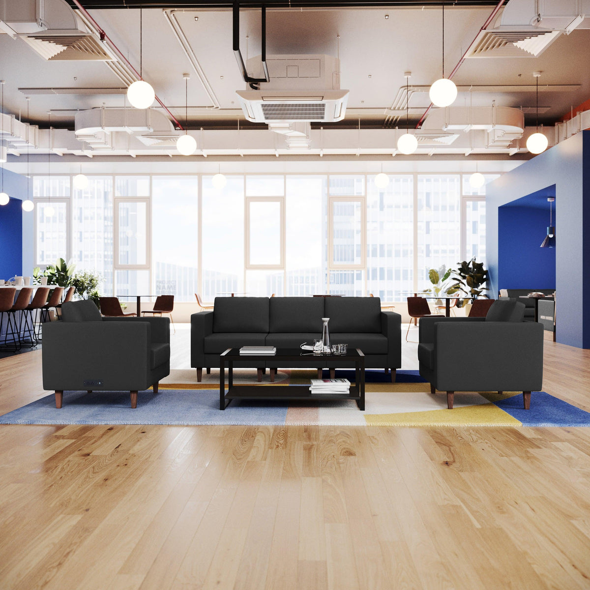 Black |#| 3 PC Commercial Seating Set with Outlets/USB/USB-C Ports in Black LeatherSoft