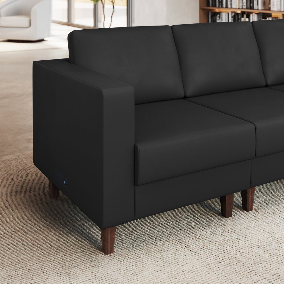 Black |#| Commercial Modular Left Arm Chair with AC/USB/USB-C Chargers-Black LeatherSoft