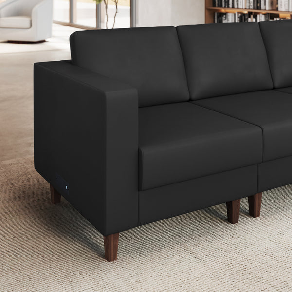 Black |#| Commercial Modular Left Arm Chair with AC/USB/USB-C Chargers-Black LeatherSoft