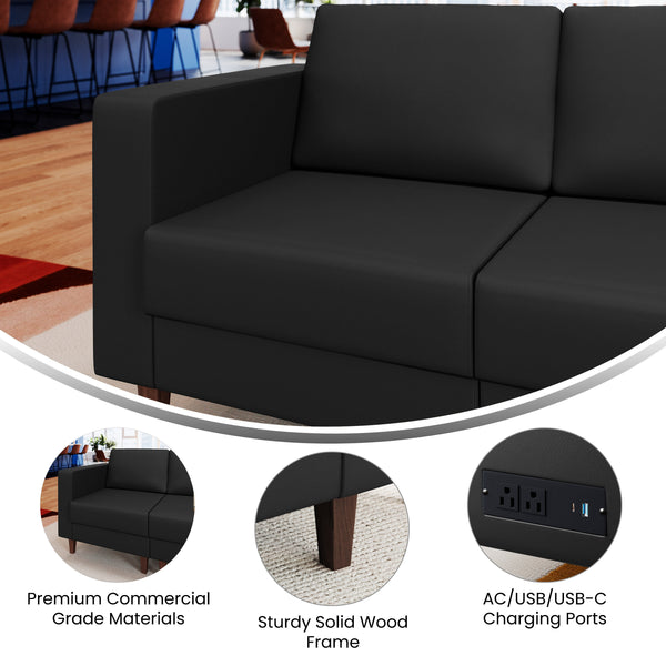 Black |#| Commercial Modular Left Arm Chair with AC/USB/USB-C Chargers-Black LeatherSoft
