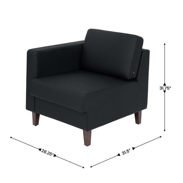 Black |#| Commercial Modular Left Arm Chair with AC/USB/USB-C Chargers-Black LeatherSoft