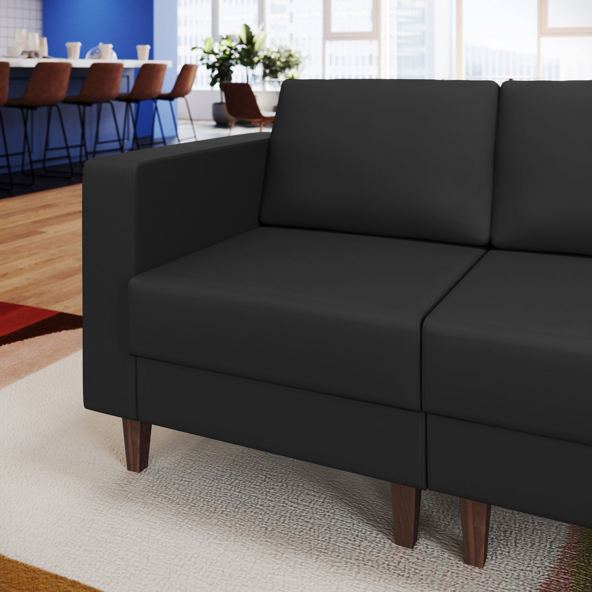 Black |#| Commercial Modular Left Arm Chair with AC/USB/USB-C Chargers-Black LeatherSoft