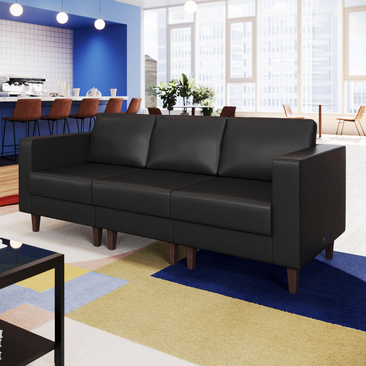 Black |#| Commercial Modular Left Arm Chair with AC/USB/USB-C Chargers-Black LeatherSoft