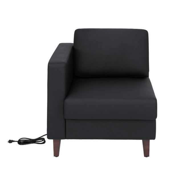 Black |#| Commercial Modular Left Arm Chair with AC/USB/USB-C Chargers-Black LeatherSoft