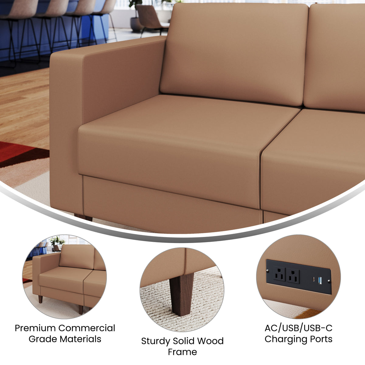 Cognac |#| Commercial Modular Left Arm Chair with AC/USB/USB-C Chargers-Cognac LeatherSoft