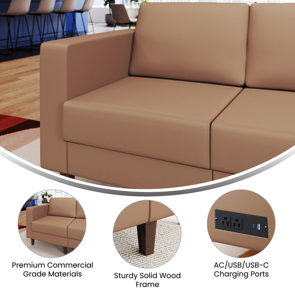 Cognac |#| Commercial Modular Left Arm Chair with AC/USB/USB-C Chargers-Cognac LeatherSoft