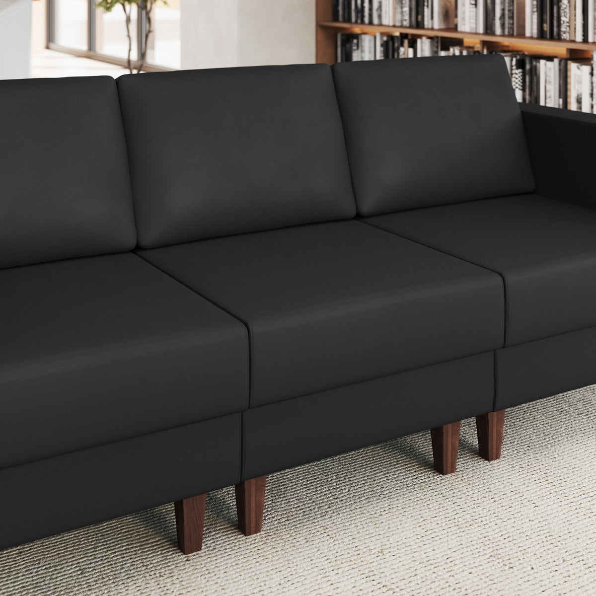 Black |#| Commercial Modular Armless Middle Chair with Solid Wood Legs-Black LeatherSoft