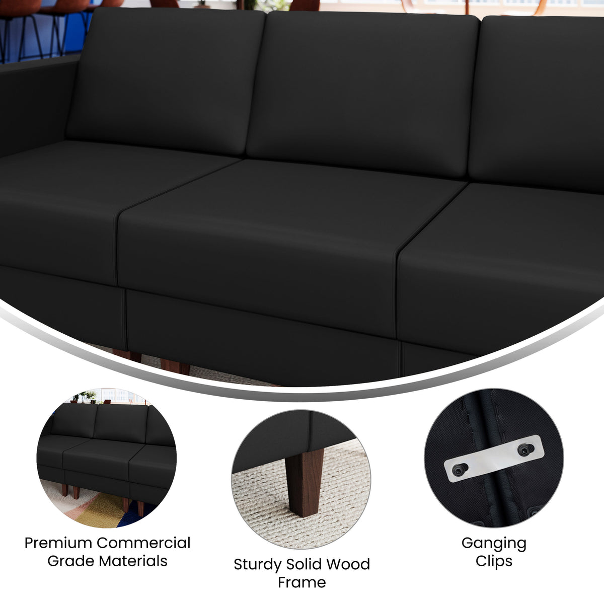 Black |#| Commercial Modular Armless Middle Chair with Solid Wood Legs-Black LeatherSoft