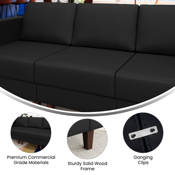 Black |#| Commercial Modular Armless Middle Chair with Solid Wood Legs-Black LeatherSoft