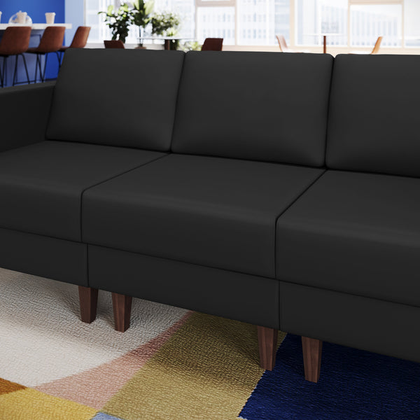 Black |#| Commercial Modular Armless Middle Chair with Solid Wood Legs-Black LeatherSoft