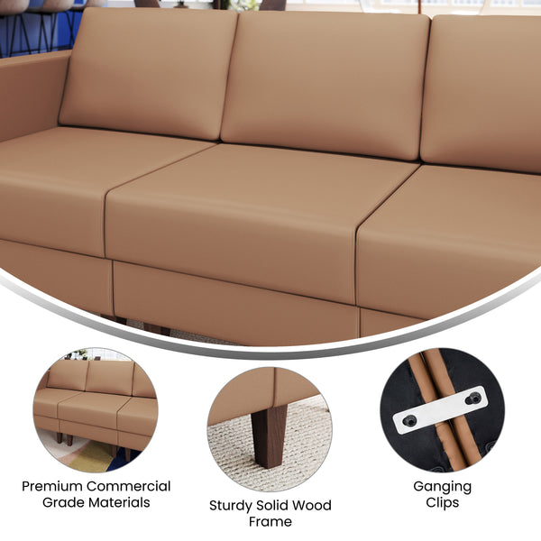 Cognac |#| Commercial Modular Armless Middle Chair with Solid Wood Legs-Cognac LeatherSoft