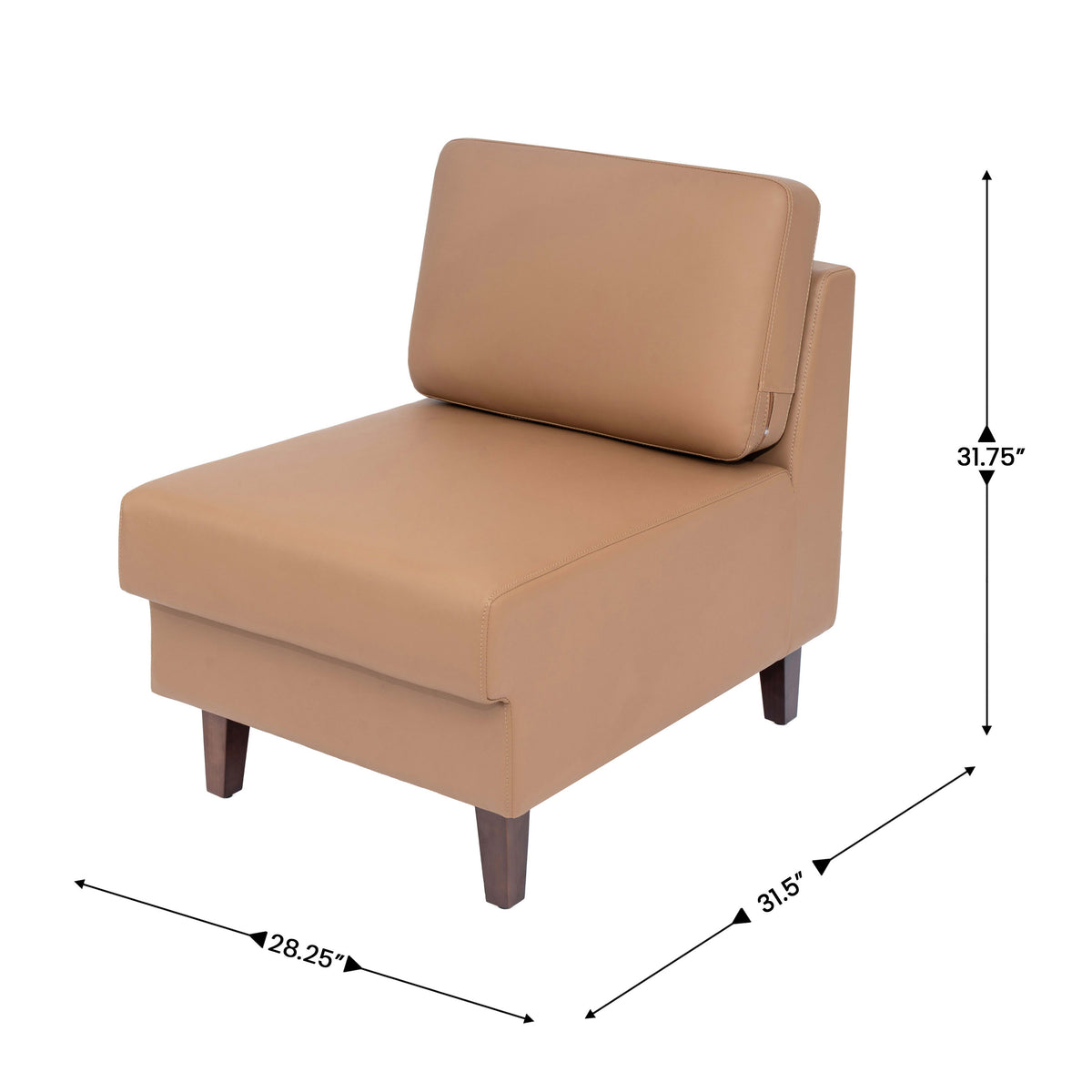 Cognac |#| Commercial Modular Armless Middle Chair with Solid Wood Legs-Cognac LeatherSoft