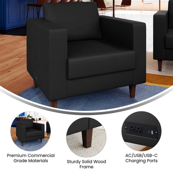 Black |#| Commercial Lobby Chair with Outlets/USB/USB-C Charging Ports-Black LeatherSoft