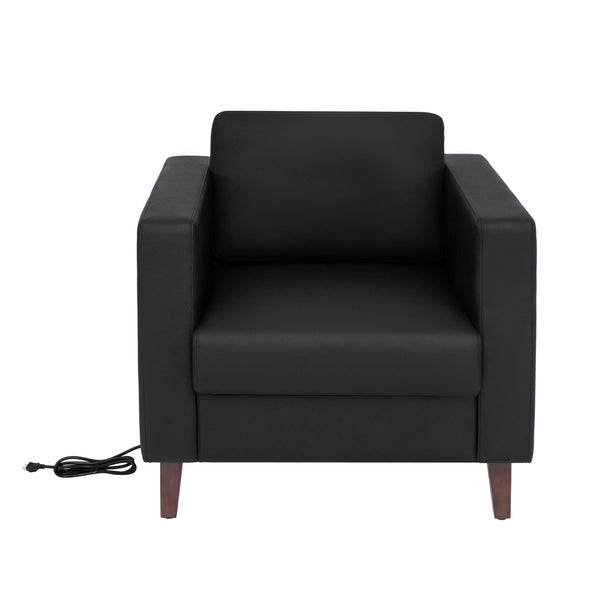 Black |#| Commercial Lobby Chair with Outlets/USB/USB-C Charging Ports-Black LeatherSoft