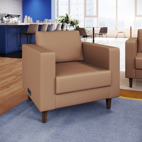 Cognac |#| Commercial Lobby Chair with Outlets/USB/USB-C Charging Ports-Cognac LeatherSoft