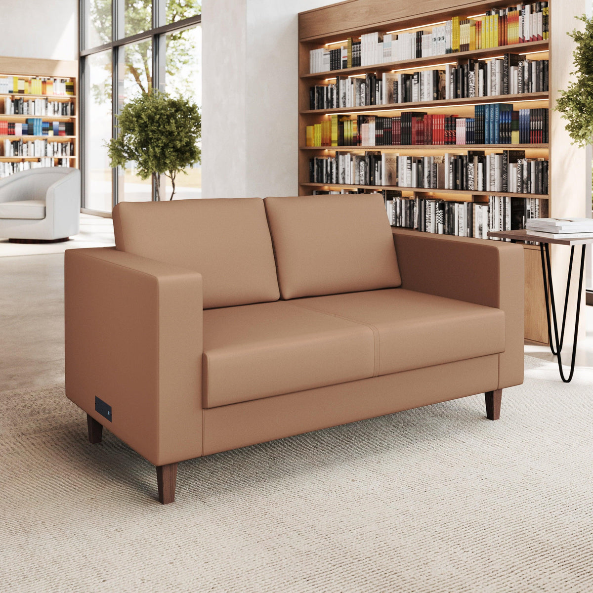 Cognac |#| Commercial Lobby Loveseat with 2 Outlets/1 USB/1 USB-C Ports-Cognac LeatherSoft