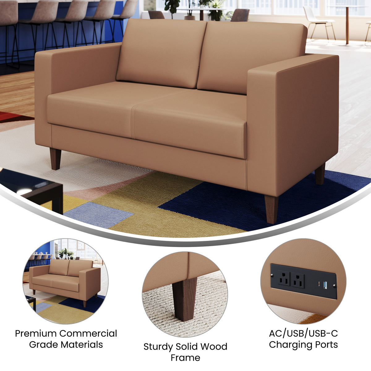 Cognac |#| Commercial Lobby Loveseat with 2 Outlets/1 USB/1 USB-C Ports-Cognac LeatherSoft