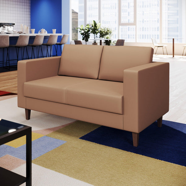 Cognac |#| Commercial Lobby Loveseat with 2 Outlets/1 USB/1 USB-C Ports-Cognac LeatherSoft